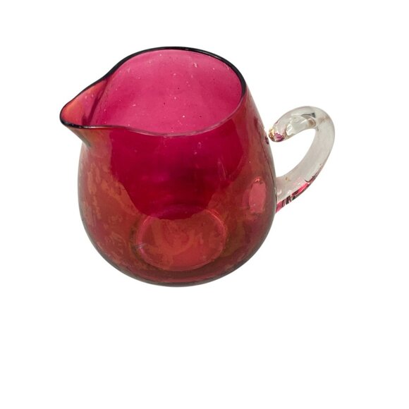 Cranberry Ruby Red Handblown Glass Creamer Pilgrim Glass Clear Handle - Picture 3 of 9